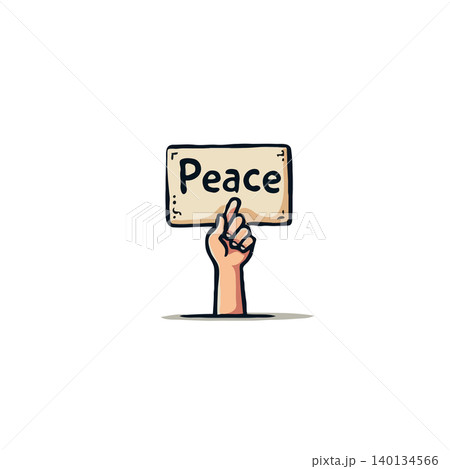 A stylized hand holds aloft a sign bearing the word 'Peace', rendered in a simple, clean cartoon style. The image evokes notions of global unity, advocating for a better world through understanding 140134566