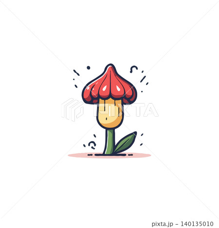 Whimsical illustration of a single mushroom, featuring a vibrant red cap and yellow stalk. This stylized depiction brings a touch of fairytale magic to any design, perfect for adding a playful and 140135010