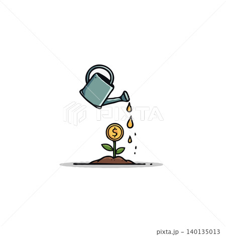 A simple yet effective illustration representing financial growth and the concept of investment. A watering can gently nourishes a young plant that uniquely blossoms into a coin flower, symbolizing A simple yet effective illustration representing financial growth and the concept of investment. A watering can gently nourishes a young plant that uniquely blossoms into a coin flower, symbolizing 140135013