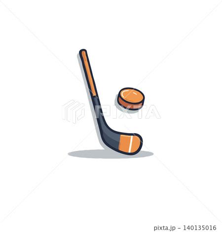 A stylized illustration displays hockey equipment, including a stick and a puck set against a white background. This evokes the feeling of winter sports, competition, and recreational activities. 140135016