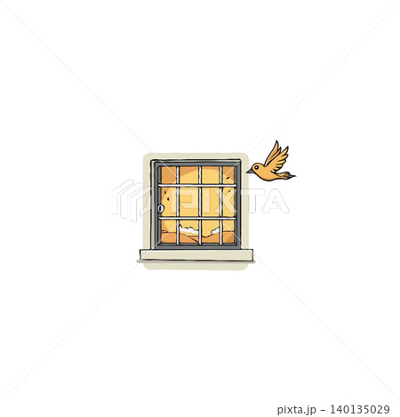 An illustration features a small yellow bird escaping through an open window, symbolizing freedom and hope. The simple, stylized design against a clean background emphasizes the themes of An illustration features a small yellow bird escaping through an open window, symbolizing freedom and hope. The simple, stylized design against a clean background emphasizes the themes of 140135029