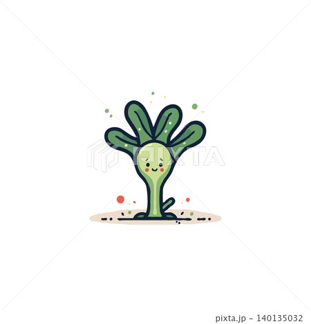 A delightful cartoon plant showcases an endearing smile, embodying the joyful spirit of nature and growth. Its simple yet vibrant design, enhanced by clean lines, communicates cheerfulness and 140135032