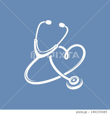 Stethoscope heart shape white icon on blue background for medical branding and healthcare Stethoscope heart shape white icon on blue background for medical branding and healthcare 140135085