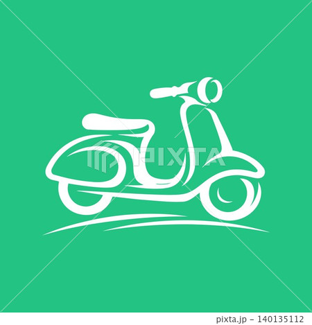 Scooter icon in white minimalist line art on green background for transportation and travel 140135112