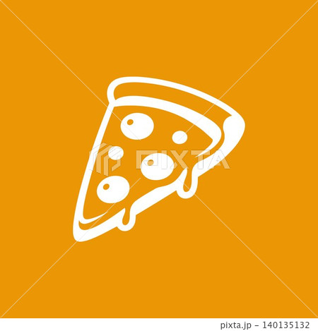 Pizza slice in white line art on orange background for food illustration and branding 140135132