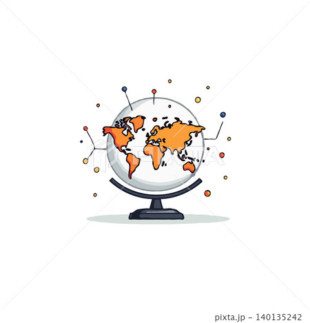 Illustration of a stylized world globe, emphasizing the interconnectedness of the world through a network design. The globe features orange continents against a white sphere, highlighting global Illustration of a stylized world globe, emphasizing the interconnectedness of the world through a network design. The globe features orange continents against a white sphere, highlighting global 140135242