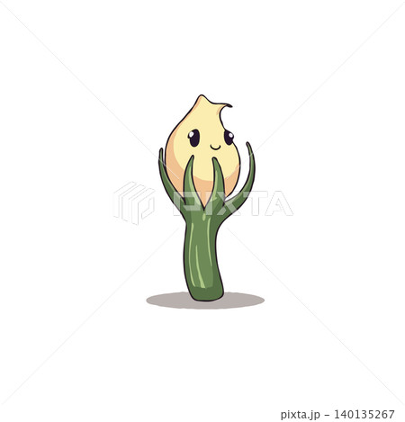 A charming cartoon illustration features a sprout character holding a bulb with kawaii eyes, rendered with smooth, vector-style lines, soft colors, and gradients. The simple white background ensures A charming cartoon illustration features a sprout character holding a bulb with kawaii eyes, rendered with smooth, vector-style lines, soft colors, and gradients. The simple white background ensures 140135267
