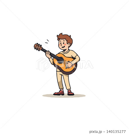 A delightful cartoon image shows a young boy passionately playing an acoustic guitar, capturing the essence of youthful exuberance and musical exploration with enthusiasm. The style is simple, 140135277