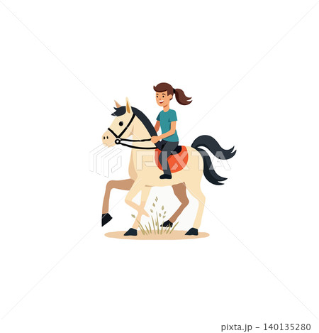 A cheerful illustration depicts a young girl enjoying a delightful horseback riding adventure across an expansive grassy field, capturing the essence of youthful joy and the special bond between A cheerful illustration depicts a young girl enjoying a delightful horseback riding adventure across an expansive grassy field, capturing the essence of youthful joy and the special bond between 140135280