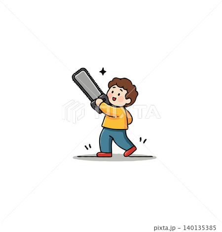 A cartoon illustration of a cheerful child holding a chainsaw, looking ready for work. The character design is cute and playful, capturing the imagination with a tool in the hands of youth, A cartoon illustration of a cheerful child holding a chainsaw, looking ready for work. The character design is cute and playful, capturing the imagination with a tool in the hands of youth, 140135385