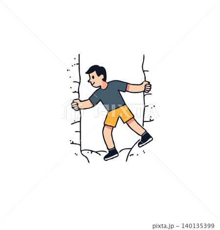 A cheerful illustration portrays a person enthusiastically rock climbing. The character demonstrates strength and determination as they ascend a rugged wall. This vibrant scene captures the essence 140135399