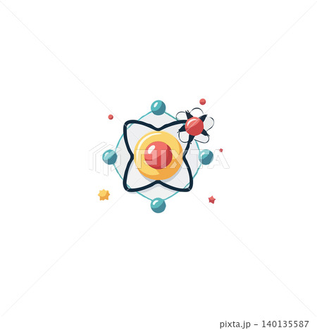 An abstract atomic core with orbiting electrons creates a model illustration for science and physics. The design is ideal for conceptual topics such as energy, chemistry, education, and connection. 140135587