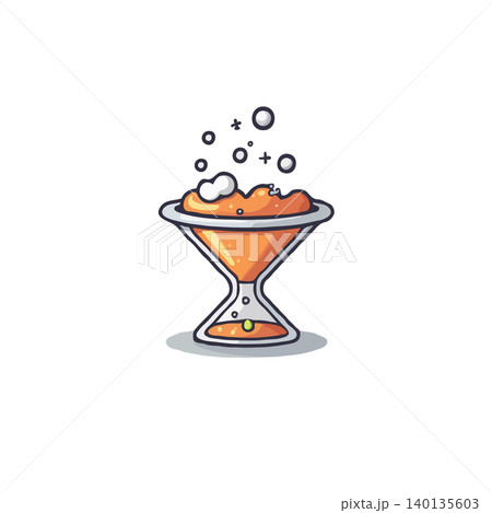 A captivating illustration features a liquid inside an hourglass-shaped container, with swirling bubbles and foam. The surreal design blends elements of science, fantasy, and abstract art, creating 140135603