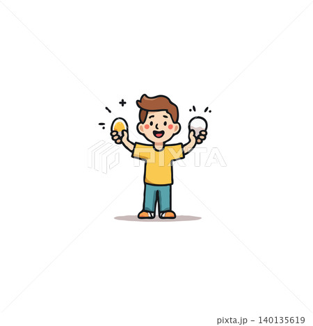A cheerful cartoon boy enthusiastically presents a golden and a white egg, each radiating sparkles, symbolizing potential, creativity, and joy. The charming illustration captures a sense of youthful 140135619