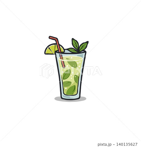 An eye-catching mojito illustration showcasing a refreshing beverage with lime, mint, and a straw. This stylized image captures the essence of summer with its clean lines and vibrant colors. It 140135627