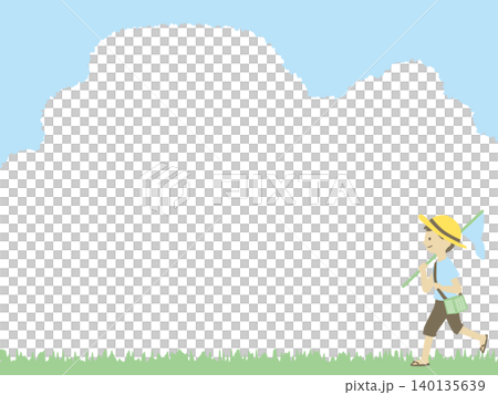 青空のもと、麦わら帽子で網を持った子どもが歩いている夏フレーム 青空のもと、麦わら帽子で網を持った子どもが歩いている夏フレーム 140135639
