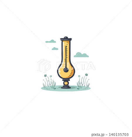 A charming illustration portrays a thermometer standing on grassy land under a soft, pastel sky with fluffy clouds. The thermometer serves as the central element, set in an outdoor scenario and 140135703
