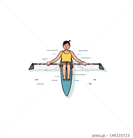 This clean vector illustration portrays a young woman rowing a boat, highlighting her dedication to physical fitness. The minimalist design uses simple lines to convey the essence of the sport, 140135723