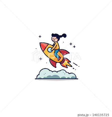 A cheerful cartoon illustration depicts a young girl riding a rocket, her face beaming with excitement. The scene captures the spirit of adventure, exploration, and the boundless possibilities of A cheerful cartoon illustration depicts a young girl riding a rocket, her face beaming with excitement. The scene captures the spirit of adventure, exploration, and the boundless possibilities of 140135725