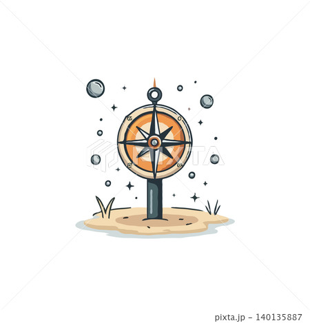 Stylized compass illustration indicating direction. Represents guidance and exploration. Ideal for adventure or travel related themes. Great for use in graphics and creative designs. Standing in a 140135887