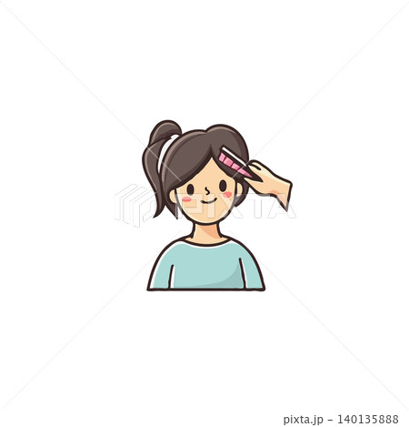 A charming cartoon illustration features a young woman with brown hair, smiling gently as she combs her hair with a pink comb. The style is clean and simple, emphasizing self-care and a positive 140135888