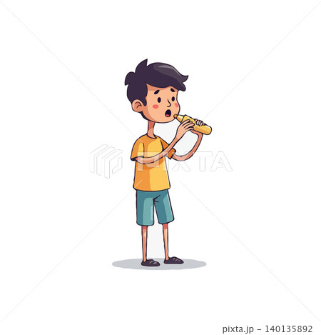 A cheerful young boy relishes a snack with great delight. The cartoon illustration showcases a vibrant and expressive style, conveying pure happiness and enjoyment in a simple and visually engaging A cheerful young boy relishes a snack with great delight. The cartoon illustration showcases a vibrant and expressive style, conveying pure happiness and enjoyment in a simple and visually engaging 140135892