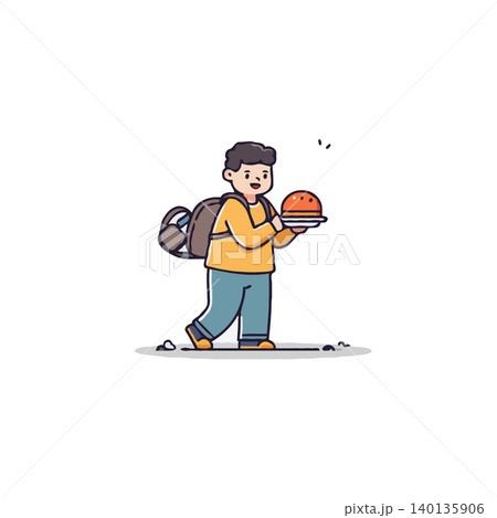 A cheerful young traveler, backpack slung over his shoulder, carries a delicious-looking burger on a plate. He exudes happiness, embodying the carefree spirit of youth and the simple joy of enjoying A cheerful young traveler, backpack slung over his shoulder, carries a delicious-looking burger on a plate. He exudes happiness, embodying the carefree spirit of youth and the simple joy of enjoying 140135906