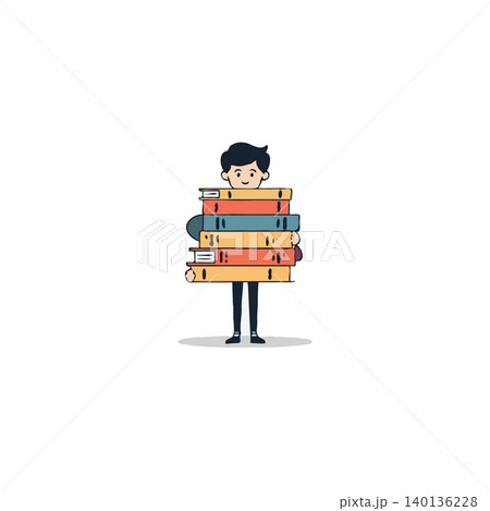 A cartoon illustration shows a student struggling to carry a large stack of books, emphasizing the challenges and responsibilities of academic pursuits. The simple design and clean background focus A cartoon illustration shows a student struggling to carry a large stack of books, emphasizing the challenges and responsibilities of academic pursuits. The simple design and clean background focus 140136228
