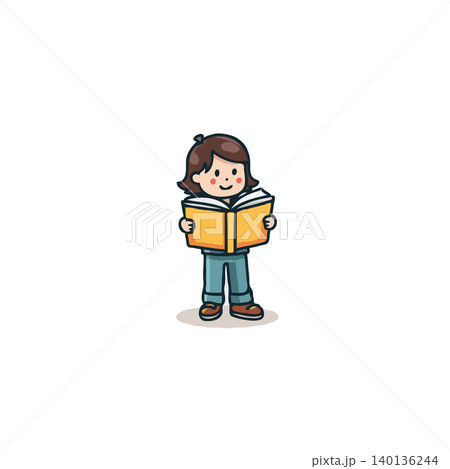 A cute cartoon illustration showing a happy young girl reading an open book. She is portrayed in a cheerful and attentive manner, lost in the pages of her book, symbolizing the joys of reading and A cute cartoon illustration showing a happy young girl reading an open book. She is portrayed in a cheerful and attentive manner, lost in the pages of her book, symbolizing the joys of reading and 140136244
