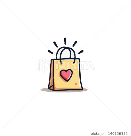 A minimalist illustrative design displays a cheerful yellow shopping bag adorned with a heart. This cute cartoon-style depiction evokes feelings of love, gift-giving, and retail happiness. Its A minimalist illustrative design displays a cheerful yellow shopping bag adorned with a heart. This cute cartoon-style depiction evokes feelings of love, gift-giving, and retail happiness. Its 140136533