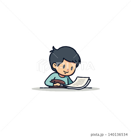 A delightful cartoon illustration shows a young boy absorbed in studying documents at his desk. With focused determination, he immerses himself in learning, demonstrating dedication and a thirst for A delightful cartoon illustration shows a young boy absorbed in studying documents at his desk. With focused determination, he immerses himself in learning, demonstrating dedication and a thirst for 140136534