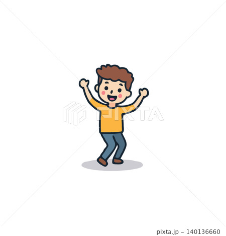 A charming cartoon illustration features a cheerful boy celebrating with arms raised high, embodying happiness and success. This delightful character exudes positivity and youthful energy, perfect A charming cartoon illustration features a cheerful boy celebrating with arms raised high, embodying happiness and success. This delightful character exudes positivity and youthful energy, perfect 140136660