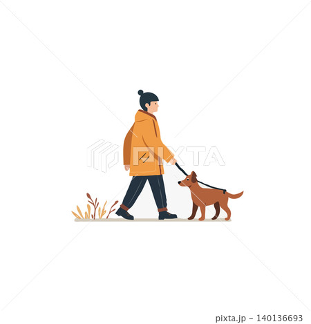 A vector illustration depicting a person enjoying a walk with their dog. The simplistic style and soft color palette evoke a sense of peaceful companionship and the benefits of outdoor activity. It A vector illustration depicting a person enjoying a walk with their dog. The simplistic style and soft color palette evoke a sense of peaceful companionship and the benefits of outdoor activity. It 140136693