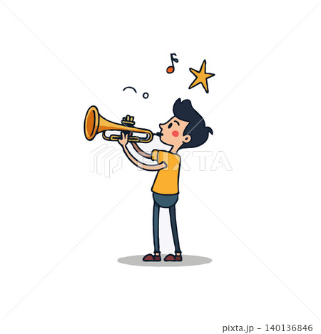 This joyful cartoon depicts a young musician with enthusiasm playing his shiny trumpet. Musical notes and stars float around him showing the happiness he finds in his creative performance. Perfect This joyful cartoon depicts a young musician with enthusiasm playing his shiny trumpet. Musical notes and stars float around him showing the happiness he finds in his creative performance. Perfect 140136846