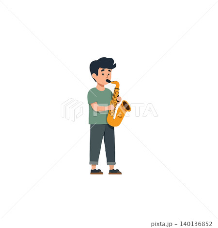 A young boy stands playing a saxophone radiating joy in a simple yet expressive illustration conveying the essence of childhood exploration and creativity, he is practicing his passion to become an 140136852