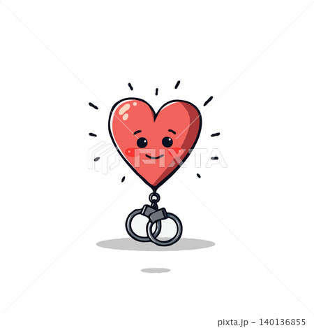 A lighthearted cartoon illustration showing a cheerful, heart-shaped character playfully secured with whimsical handcuffs. The image suggests a humorous take on love and restraint, evoking feelings A lighthearted cartoon illustration showing a cheerful, heart-shaped character playfully secured with whimsical handcuffs. The image suggests a humorous take on love and restraint, evoking feelings 140136855