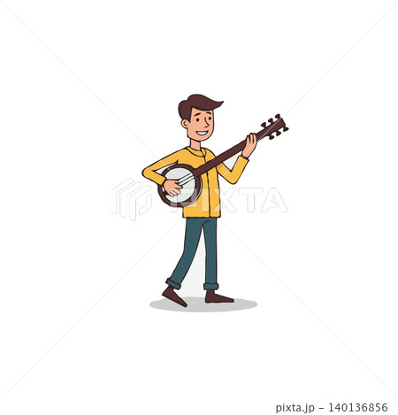 A cheerful cartoon illustration showcasing a man with a banjo immersed in musical expression and talent. The scene shows the simplicity of creative expression while conveying joy and passion through 140136856