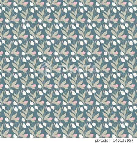 Seamless pattern with delicate pink and white flowers on a dusty blue background, flat floral design Seamless pattern with delicate pink and white flowers on a dusty blue background, flat floral design 140136957