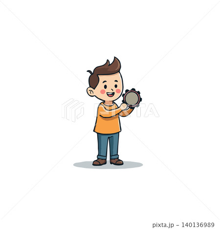 A delightful cartoon illustration features a cheerful young boy holding a tambourine, ready for a fun musical session. The image captures the essence of childhood joy and the simple pleasure of A delightful cartoon illustration features a cheerful young boy holding a tambourine, ready for a fun musical session. The image captures the essence of childhood joy and the simple pleasure of 140136989