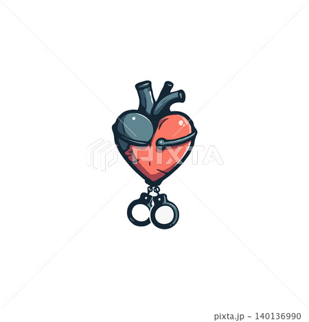 This evocative image presents a stylized anatomical heart illustration, symbolically linked to handcuffs. It represents concepts of emotional captivity, restricted love, and the delicate balance This evocative image presents a stylized anatomical heart illustration, symbolically linked to handcuffs. It represents concepts of emotional captivity, restricted love, and the delicate balance 140136990