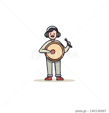 A delightful cartoon illustration features a cheerful person with headphones, enthusiastically playing a hand drum. The image exudes musical joy and embodies creative sound exploration through A delightful cartoon illustration features a cheerful person with headphones, enthusiastically playing a hand drum. The image exudes musical joy and embodies creative sound exploration through 140136997