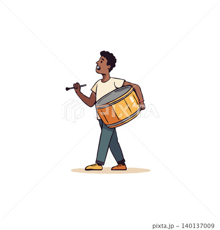 An animated illustration showing an african american man carrying a large drum along with a drumstick. The image displays the passion of music with the man in action to create rhythm. The character An animated illustration showing an african american man carrying a large drum along with a drumstick. The image displays the passion of music with the man in action to create rhythm. The character 140137009
