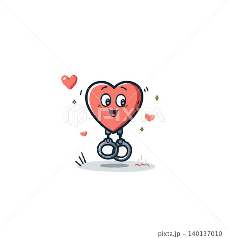 Charming illustration showcasing a cheerful cartoon heart character humorously bound by whimsical handcuffs. This image conveys a playful and emotive message about love, constraints, and the 140137010