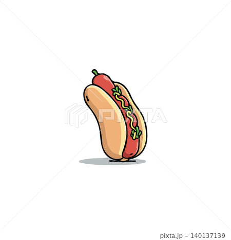 A delightful cartoon-style hot dog illustration features a sausage nestled in a bun, generously topped with vibrant yellow mustard and a scattering of green relish, against a clean white background. A delightful cartoon-style hot dog illustration features a sausage nestled in a bun, generously topped with vibrant yellow mustard and a scattering of green relish, against a clean white background. 140137139