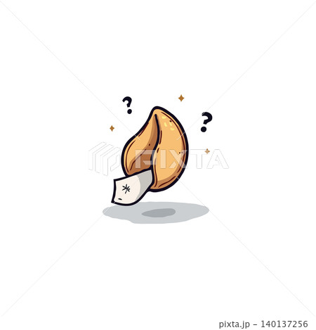 A charming illustration of a fortune cookie, slightly cracked open to reveal the slip of paper inside. Question marks float around it, hinting at the mystery of the future and the element of A charming illustration of a fortune cookie, slightly cracked open to reveal the slip of paper inside. Question marks float around it, hinting at the mystery of the future and the element of 140137256