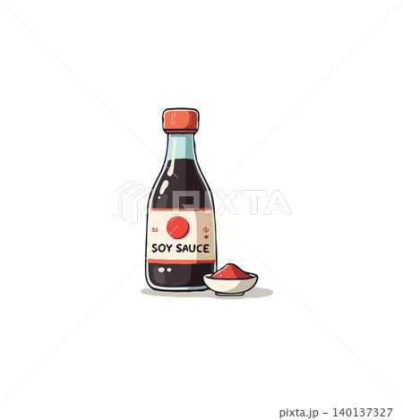 This minimalistic cartoon illustration showcases a soy sauce bottle beside spices, offering a delightful visual for culinary themes. Its simple design and bright colors give it a vibrant and This minimalistic cartoon illustration showcases a soy sauce bottle beside spices, offering a delightful visual for culinary themes. Its simple design and bright colors give it a vibrant and 140137327