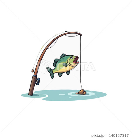 A colorful cartoon illustration features a surprised fish caught on a fishing rod above water. The scene depicts a humorous moment of an angler's success, full of cheerfulness in a recreational A colorful cartoon illustration features a surprised fish caught on a fishing rod above water. The scene depicts a humorous moment of an angler's success, full of cheerfulness in a recreational 140137517