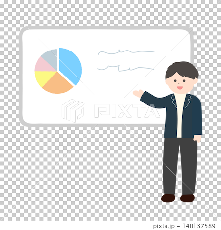 プレゼンテーションをするビジネスマン男性のかわいい手書きイラスト 140137589