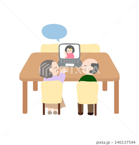 孫とビデオ通話をするおじいさんとおばあさんのイラスト｜フラットでかわいいイラスト 140137594
