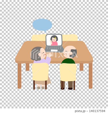 孫とビデオ通話をするおじいさんとおばあさんのイラスト｜フラットでかわいいイラスト 140137594